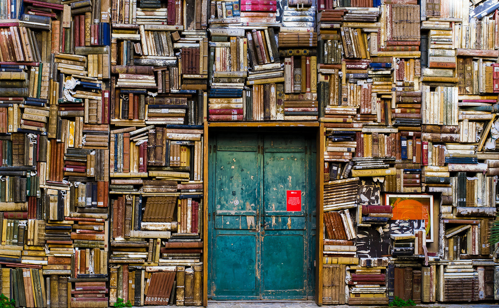 a wall of multicolored books with a turquoise door in the center