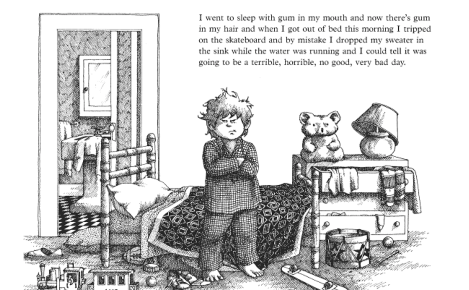 black and white drawing of a grumpy little boy standing in front of his bed with his arms crossed