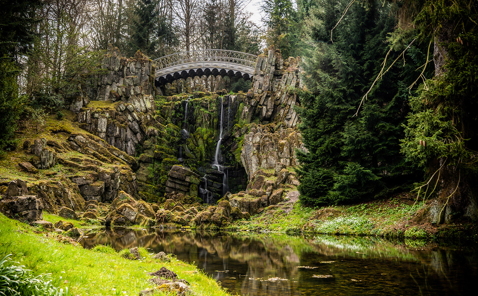  a mossy hillside and pine trees with an arched bridge crossing over a pond