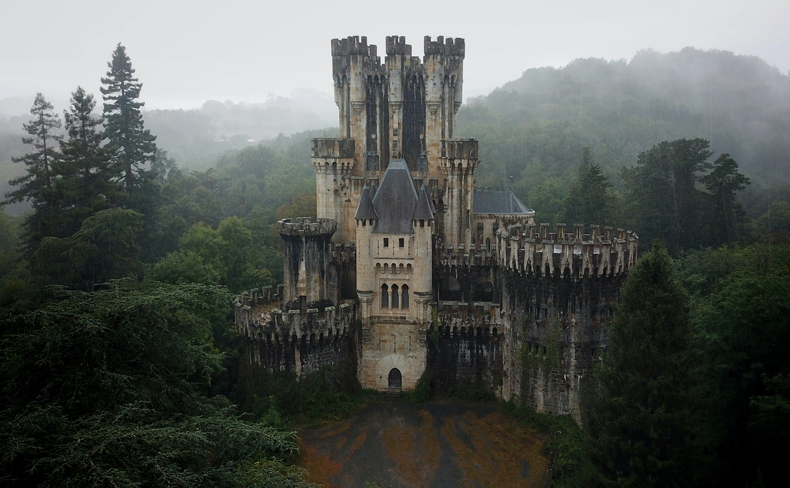 misty woods surrounding a gray gothic castle