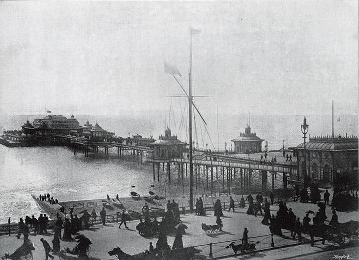 black and white vintage image of a victorian seaside pier